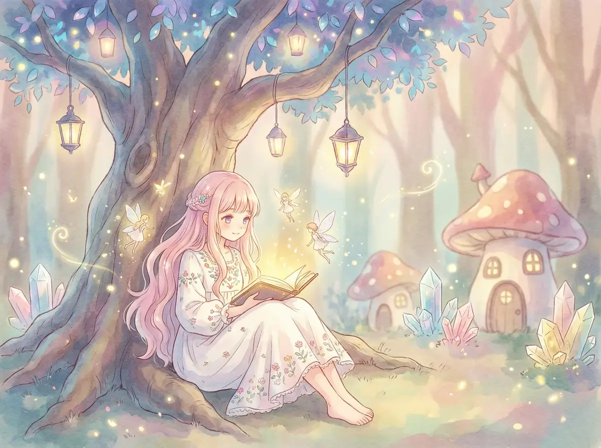 津渝视频完整版9 - 魔法森林中阅读故事书的粉发少女与精灵